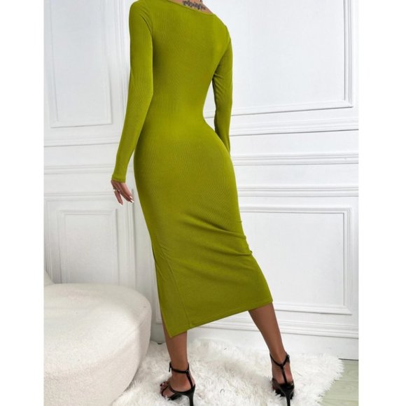 Cut Out Twist Front Slit Thigh Bodycon Lime Green Dress - Picture 4 of 6